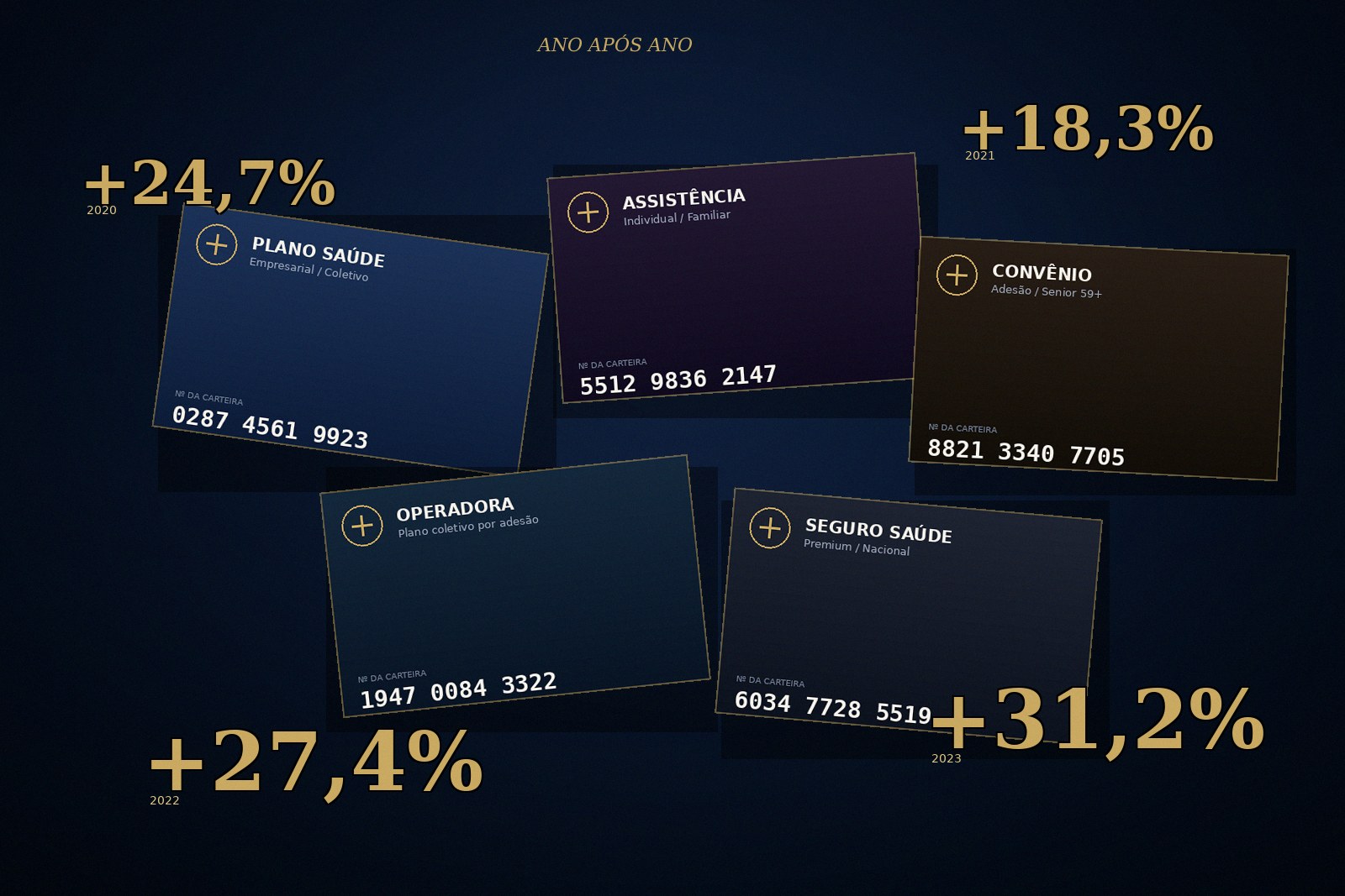 Composição editorial: carteirinhas de plano de saúde com percentuais de reajuste aplicados ano após ano